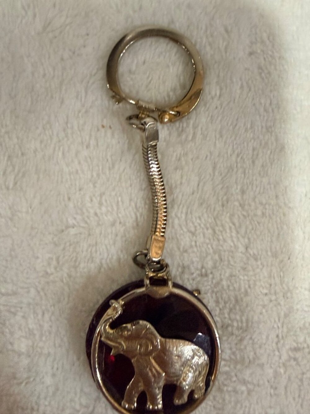 Vintage Elephant Keychain With Red Gemstone Accent likely souvenir  Thailand